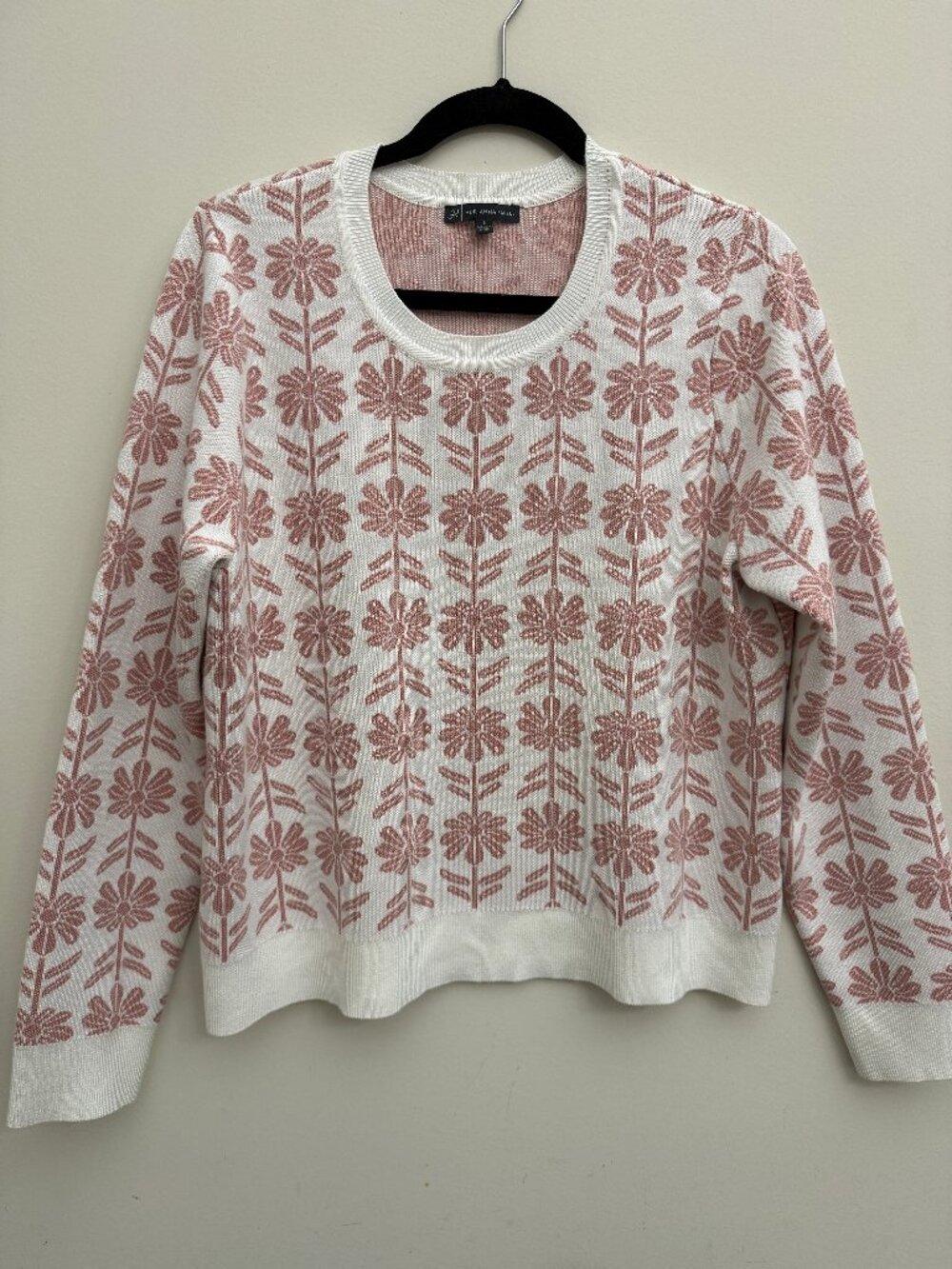 Cream & Pink Floral Daisy Knit Sweater - Adrianna Papell Size Large